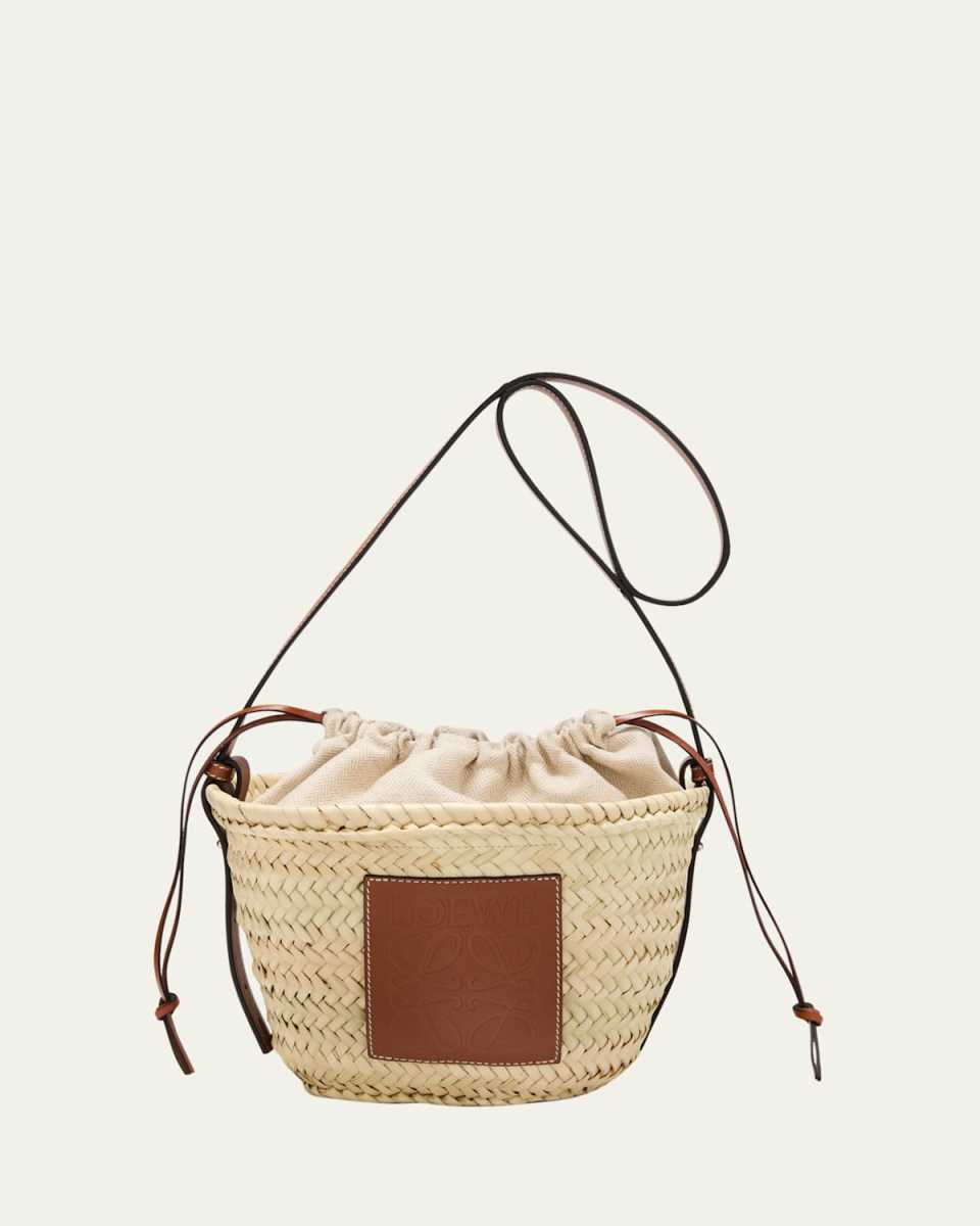 x Paula's Ibiza Basket Bucket Bag in Palm Leaf with Drawstring Pouch and Leather Strap